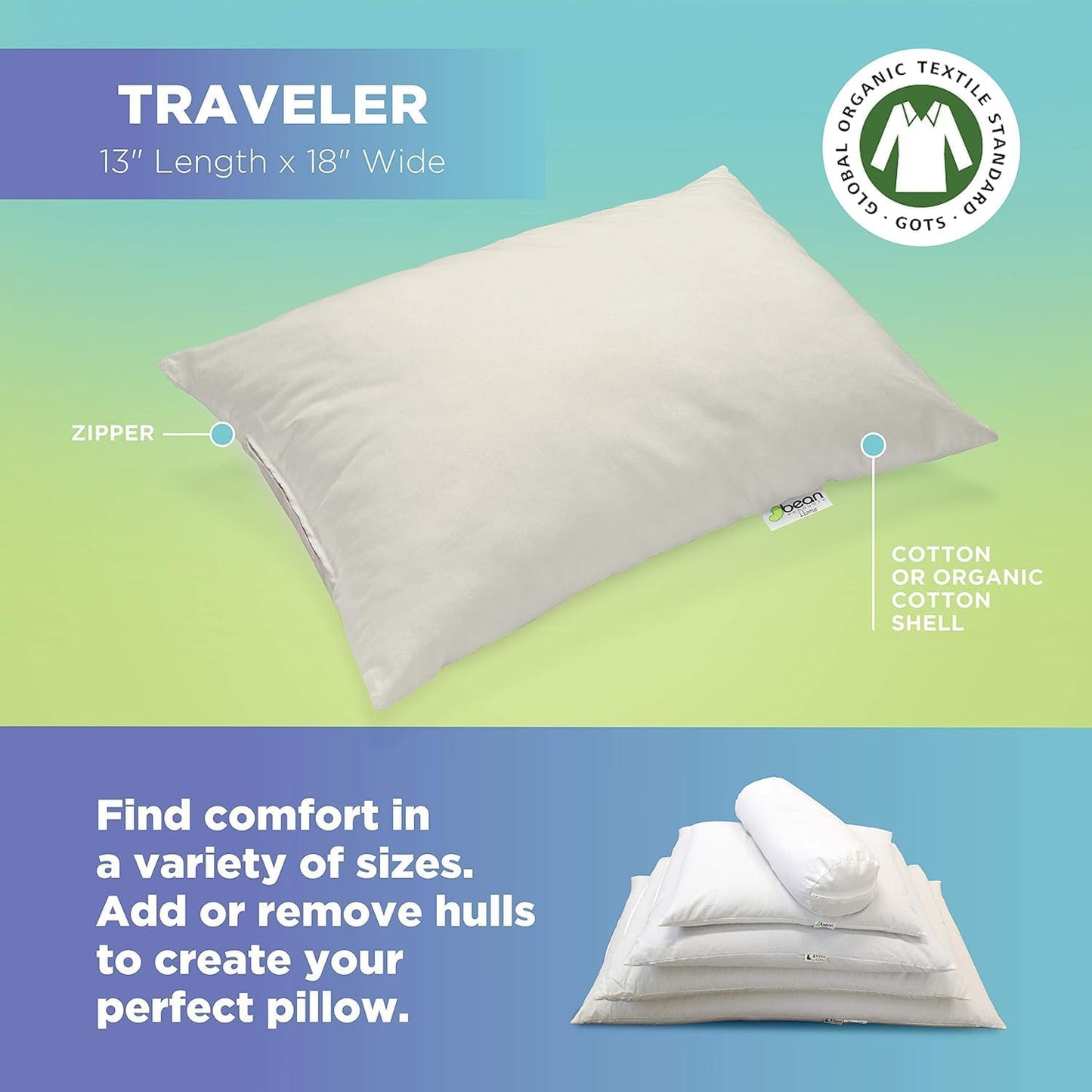 Bean Products 13" x 18" Travel Bed Pillow for Sleeping – Organic Millet Fill with Organic Cotton Fabric, Soft Toddler Head Pillow – Eco-Friendly, Breathable, and Durable Sleep Aid, Made in The USA