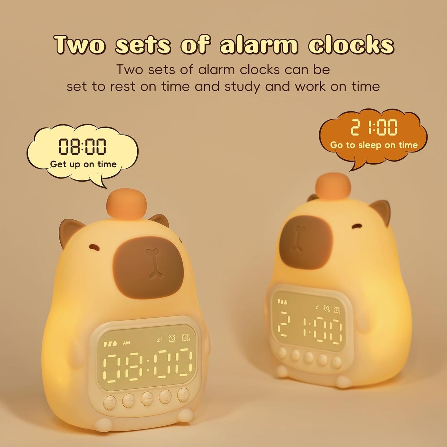 Capybara Alarm Clock with Night Light for Kids, Cute Alarm Clocks for Bedrooms Ok to Wake Clocks, Silicone Animal Tabletop Lamp for Teen Girls Boys