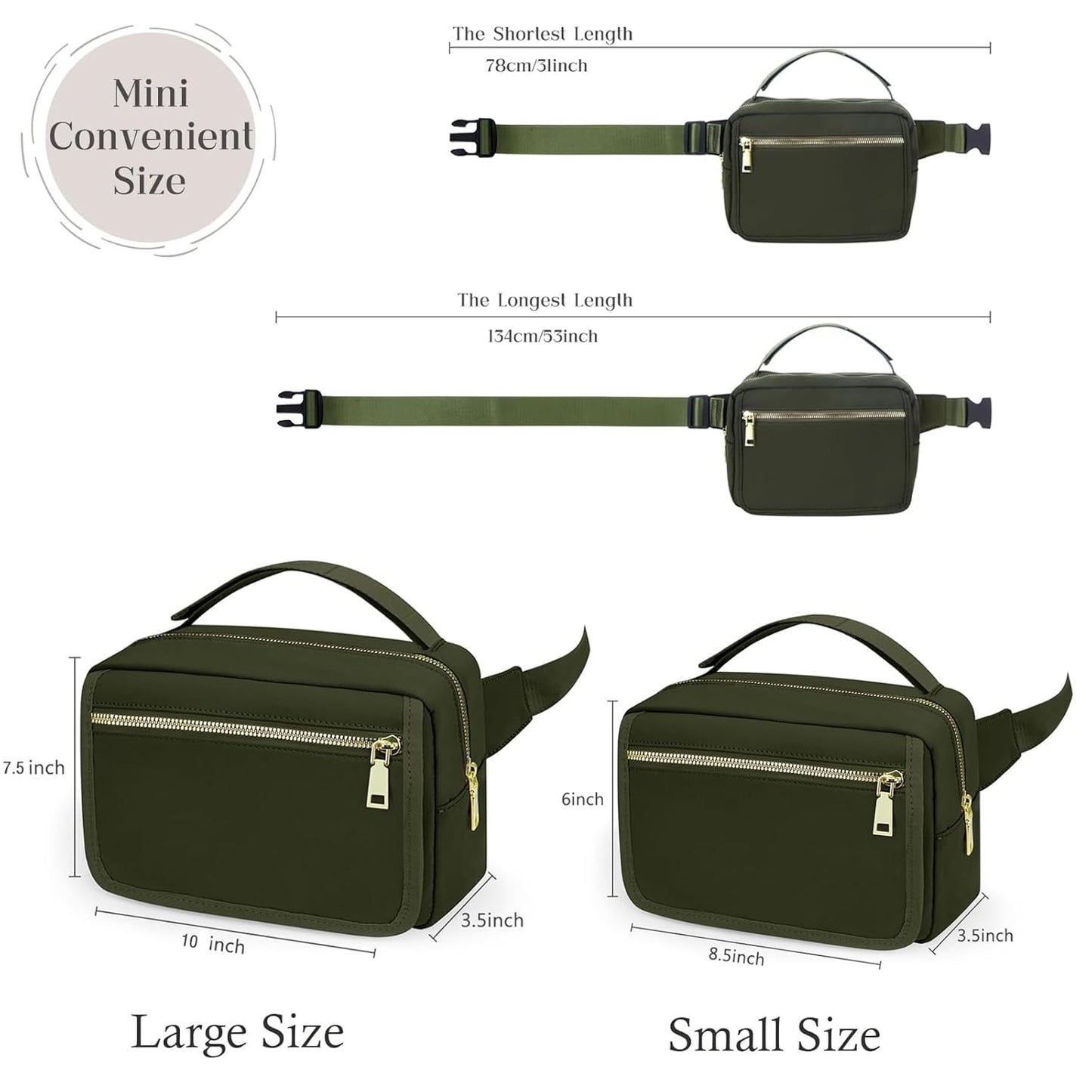 printe Small Diaper Bag with Portable Changing Pad, Crossbody Diaper Bag Pack with Wipes Pocket, Women Waist Bag for Travel (Olive Green, Large)