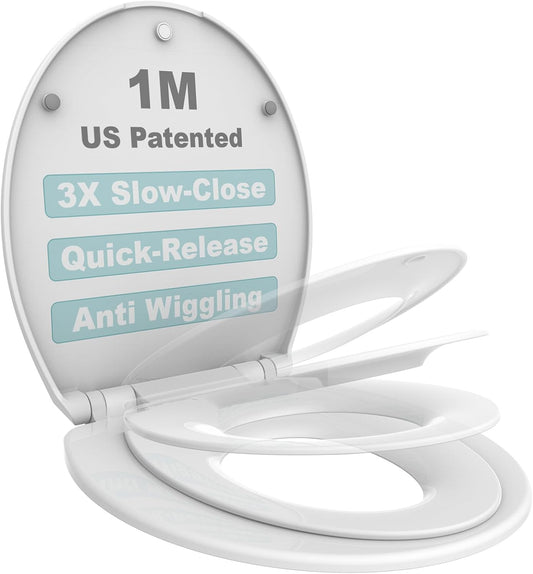 Round Toilet Seat with Toddler Seat Built In, 3X Slow Close FOR BOTH TODDLER & ADULT Seats, Potty Training Toilet Seat, No Wiggle and Easy to Install, Detachable Toddler Seat, White (2Pcs Pack)