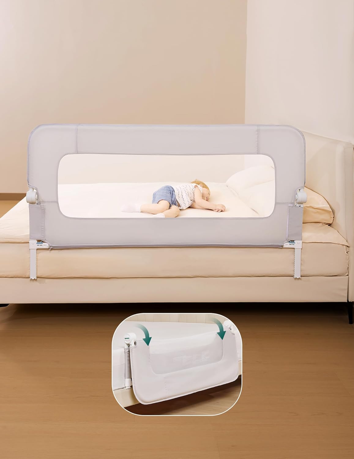 BABELIO Bed Rail for Toddlers, 59" Wide Swing Down & Adjustable Height Toddler Bed Rails for Kids/Elderly/Adults, Baby Side Railing for Twin/Full/Queen/King Size