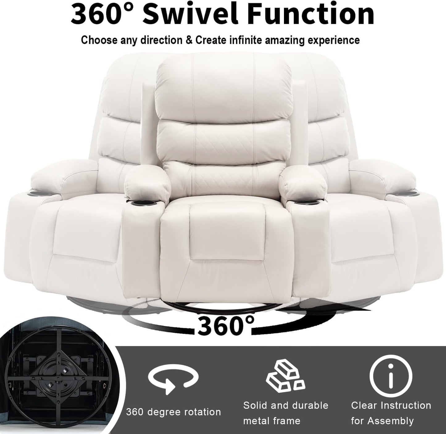 KCQ Massage Swivel Rocker Recliner Chairs with Heat Cup Holders Faux Leather Overstuffed Manual Reclining Chair Rocking Glider Chair for Adults, Beige