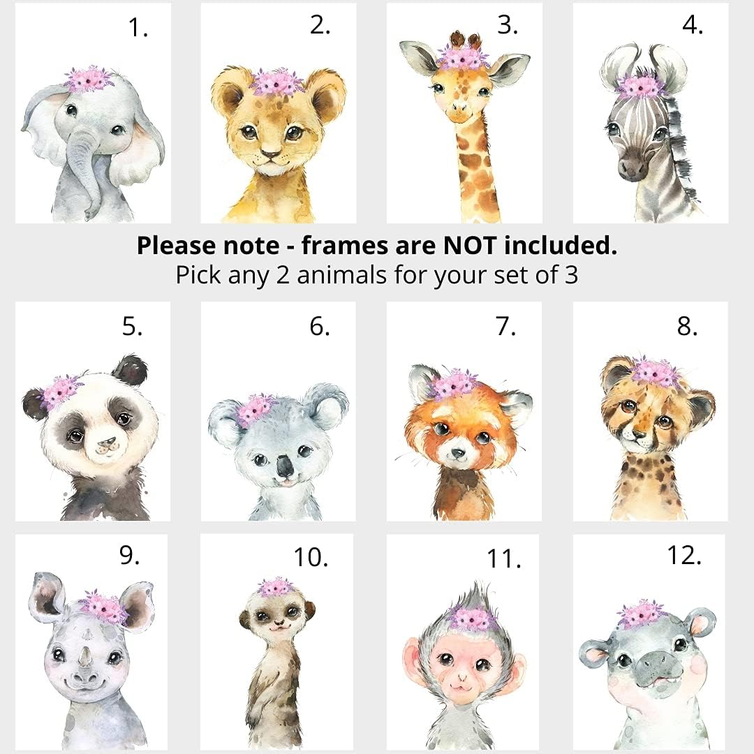 Personalized Safari Animals for Baby Girls Nursery, Set of 3 Unframed Poster Prints, Personalized Name Pink Lilac Floral, Girls Bedroom Decor, Elephant Giraffe (12x16)
