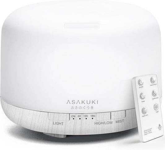 ASAKUKI 500ml Premium Essential Oil Diffuser with Remote Control, 5 in 1 Ultrasonic Aromatherapy Fragrant Oil Humidifier Vaporizer, Timer and Auto-Off Switch (White)