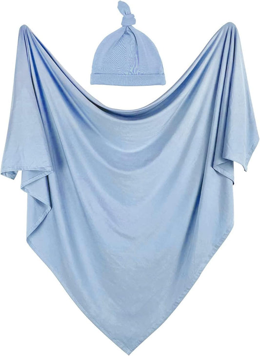 iEvolve Cotton Knitted Baby Swaddle Blanket with Hat Headband Set Newborn Swaddle Wrap Receiving Blankets for Baby Girl Boy 45" x 45"(Lightblue)