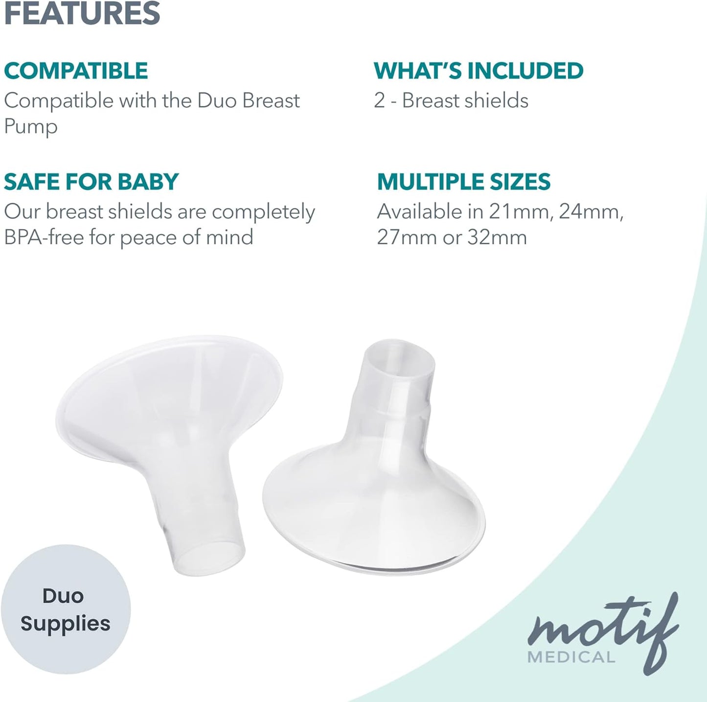 Motif Medical Duo Breast Pump Flange – Comfortable Breast Pump Flanges for Better Milk Flow & Pumping Ease - Ideal Breast Pump Flange Insert for Breastfeeding Moms (2 Shields, 21mm)