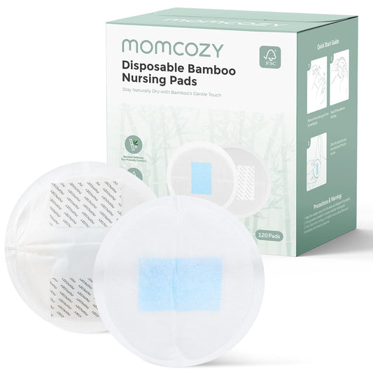 Momcozy Bamboo Disposable Nursing Pads, Advanced Blue Core for Ultra-Absorbent, Leakproof & 3D Design, Biodegradable for Sensitive Skin, Individually Wrapped, 120 Count