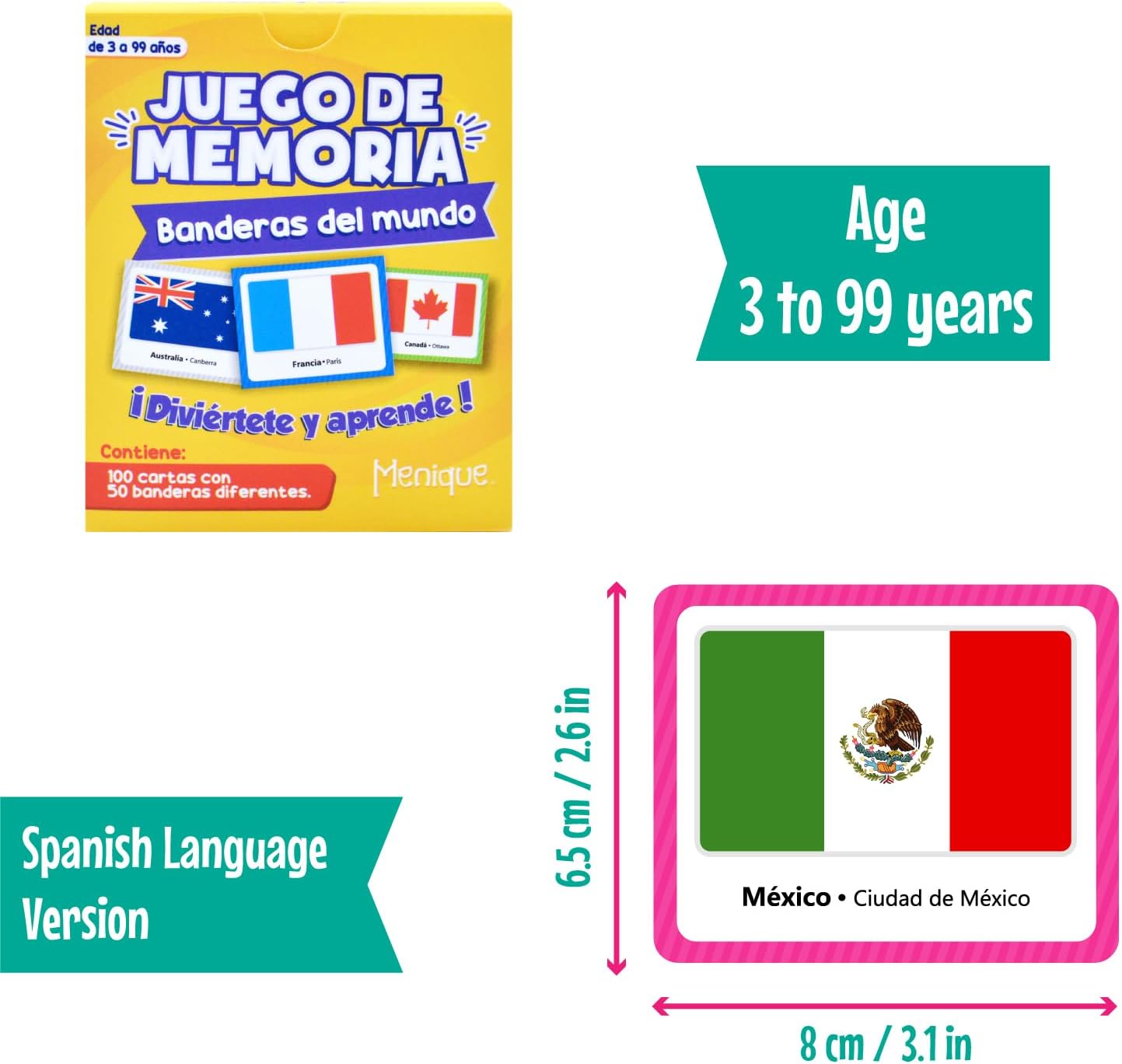 Menique, Juego de Memoria de Banderas del Mundo en español, para niños y adultos. Flags of The World, Memory Matching Game in Spanish, for Kids and Adults, 100 Tiles 50 Pairs.
