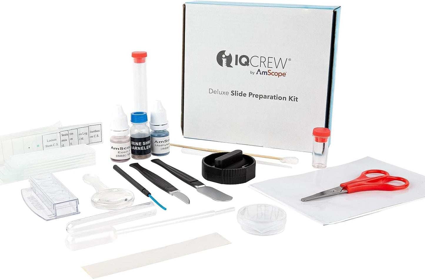 IQCrew 40-Piece Deluxe Microscope Slide Preparation Kit - Essential Student Tool Kit w/Stains + Shrimp Hatchery Experiment - SP-18