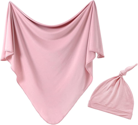 iEvolve Cotton Knitted Baby Swaddle Blanket with Hat Headband Set Newborn Swaddle Wrap Receiving Blankets for Baby Girl Boy 35" x 35"(Pink)