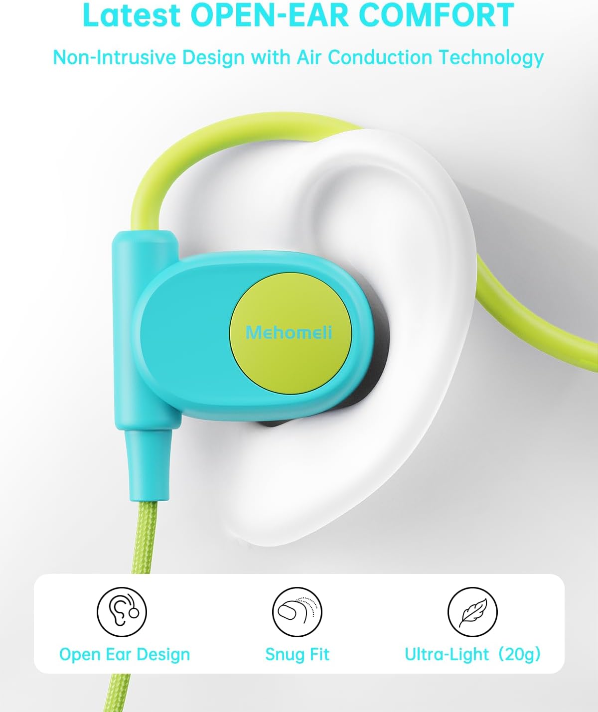 Kid Headphones for School, Air Conduction Open Ear Headphones, 3.5mm Jack Wired Cord, Ultra-Comfort, Ergonomic and Lightweight Design Perfect for School and Outdoor Activities-Blue Green
