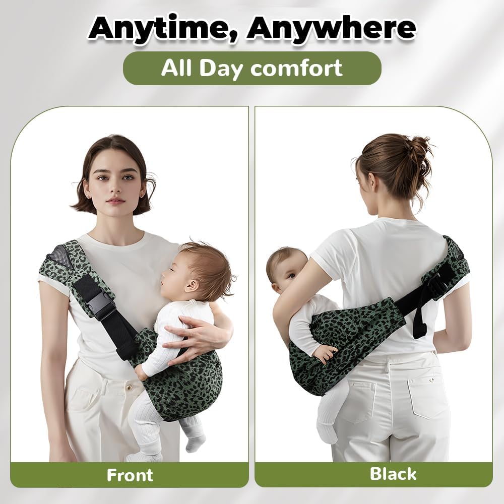 Baby Sling Carrier Adjustable Baby Sling 2025 Upgraded Toddler Sling Comfortable Baby Wrap Carriers Ergonomic-Designed, Travel Friendly Carrying 10-45 Lbs(Green Leopard)