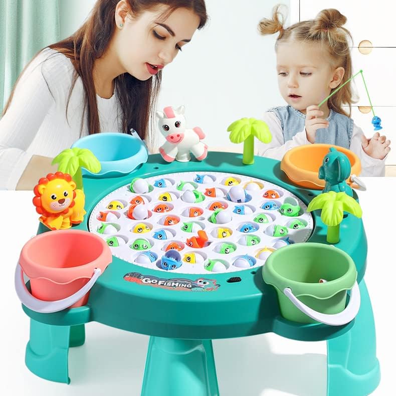 Fishing Game Toy Set, Kids Play Table w/Rotating Board, 45 Fishes & 4 Fishing Poles, Gifts for Children, Boys & Girls Aged 3 4 5 6+ (Upgraded Ver.)