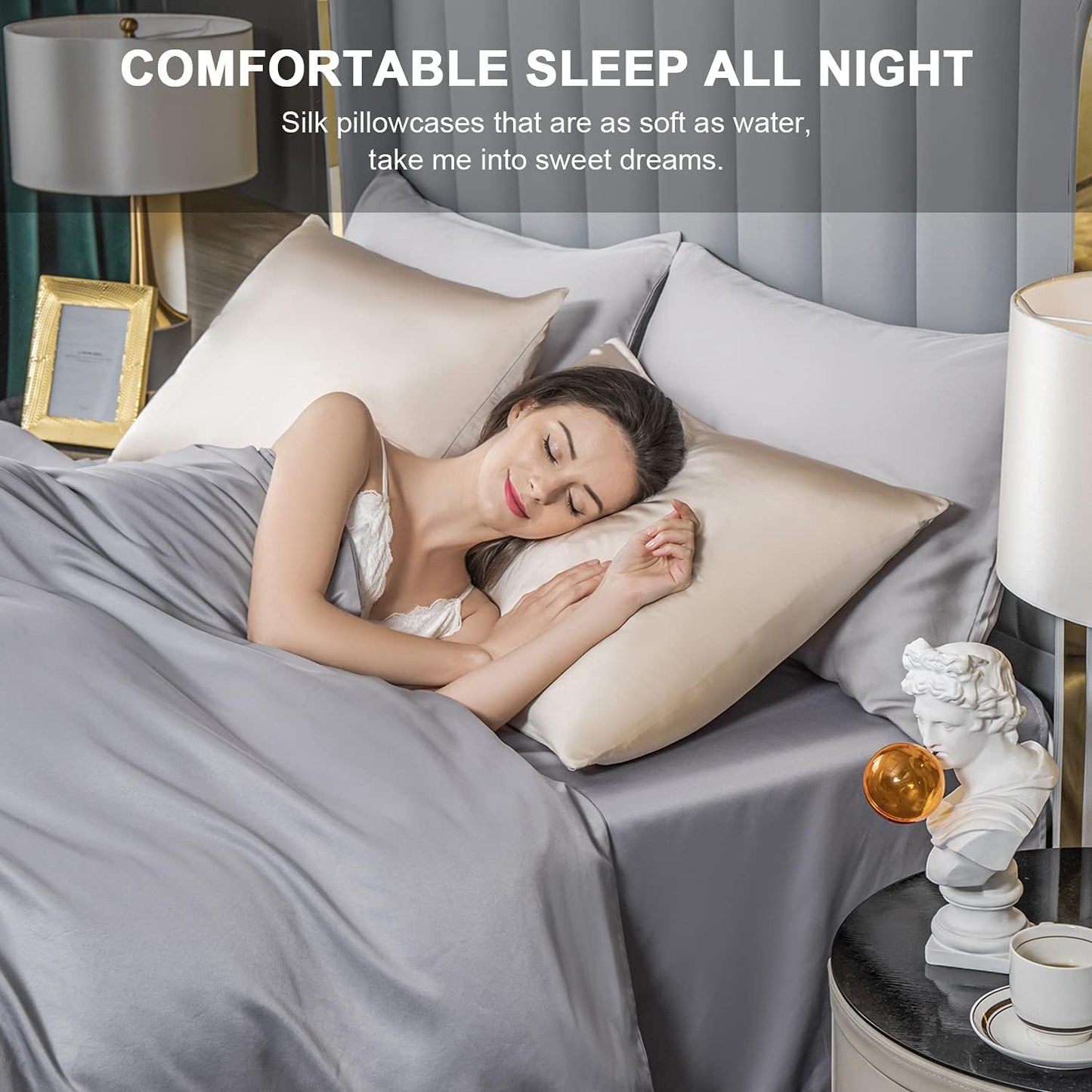 Mulberry Silk Pillowcase for Hair and Skin,Standard Size Cooling Silk Pillow Case with Hidden Zipper,Allergen Proof Dual Sides Soft Breathable Smooth Silk Pillow Cover for Women(King,Champagne)