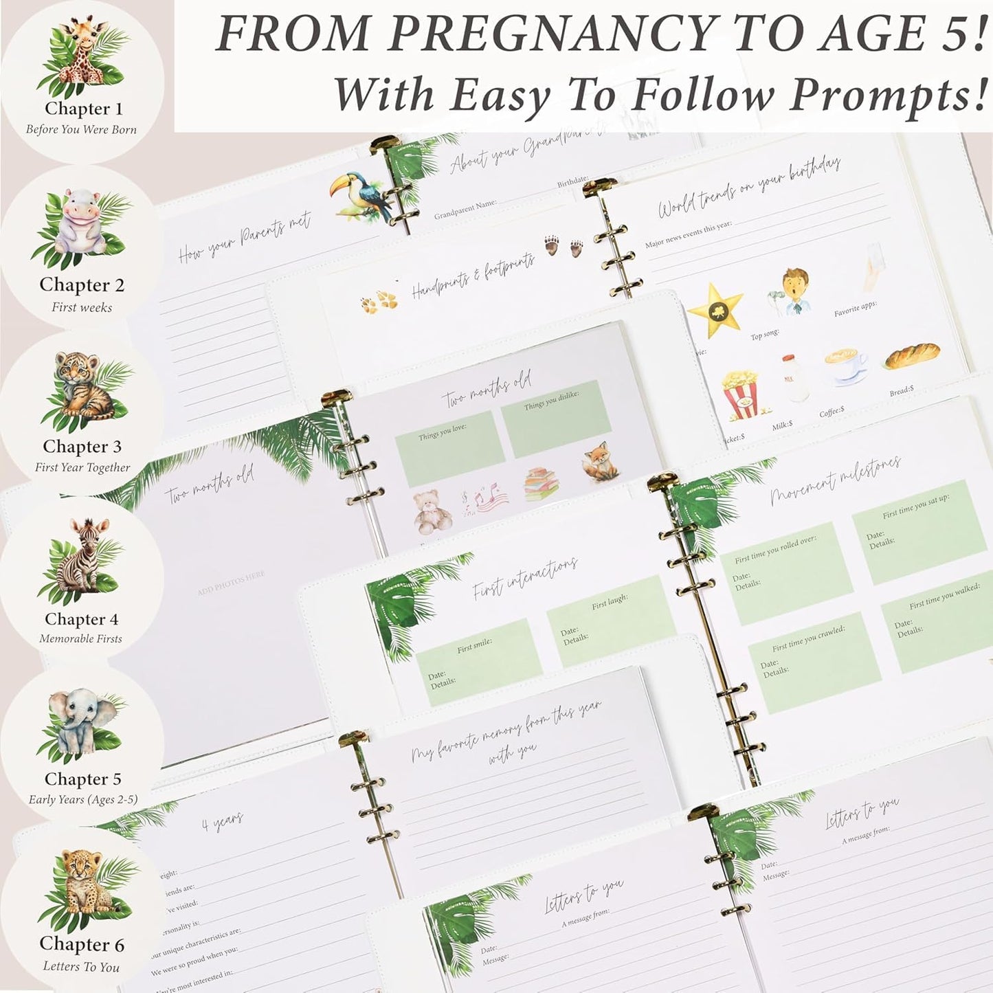 Personalized Faux Leather Baby Memory Book Keepsake for Boy or Girl - Enter any Name w/Gold Foil Stamp for Special Touch I First 5 Year I Gender Neutral, Safari Theme - Baby First Year Book