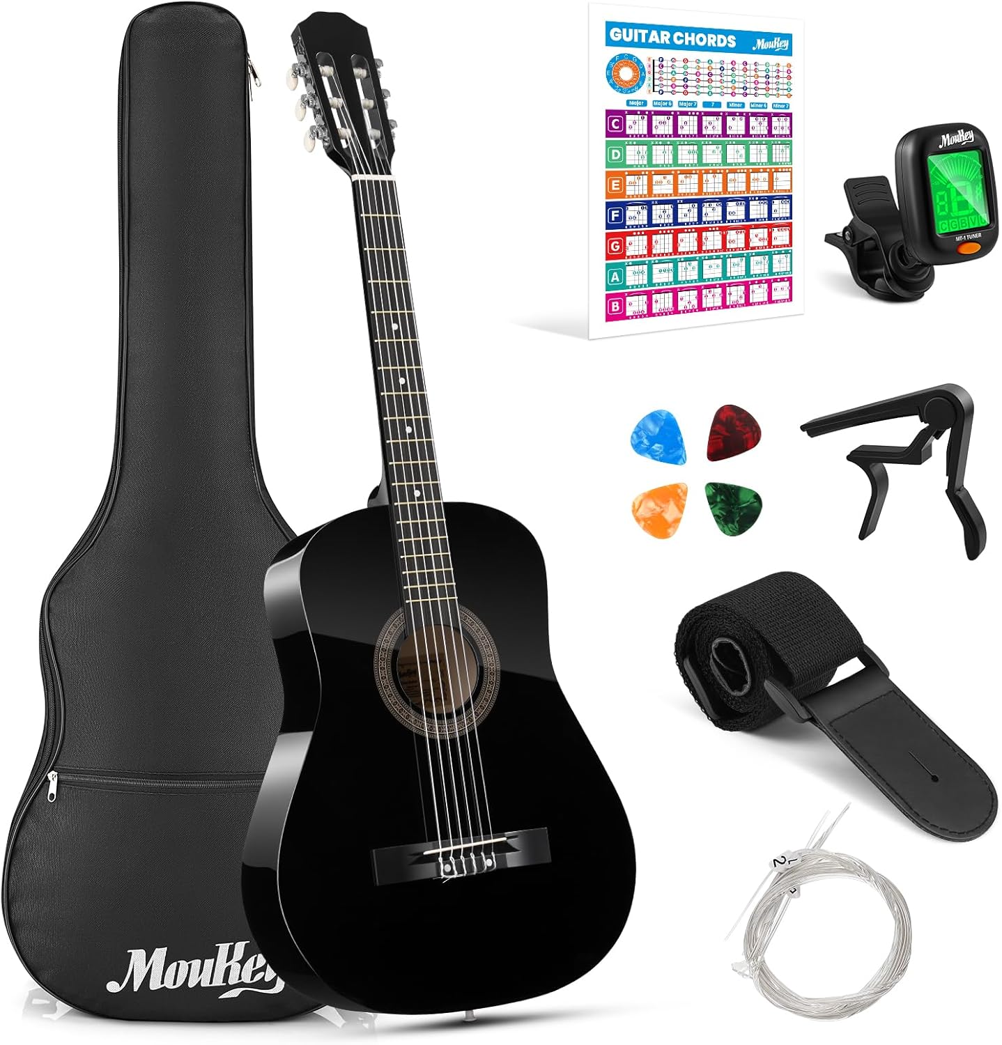 Moukey 38" Acoustic Guitar for Beginners Kids Youth Adult Dreadnought Guitarra Acustica Kit with Chord Poster, Gig Bag, Tuner, Picks, Nylon Strings, Capo, Strap - Black