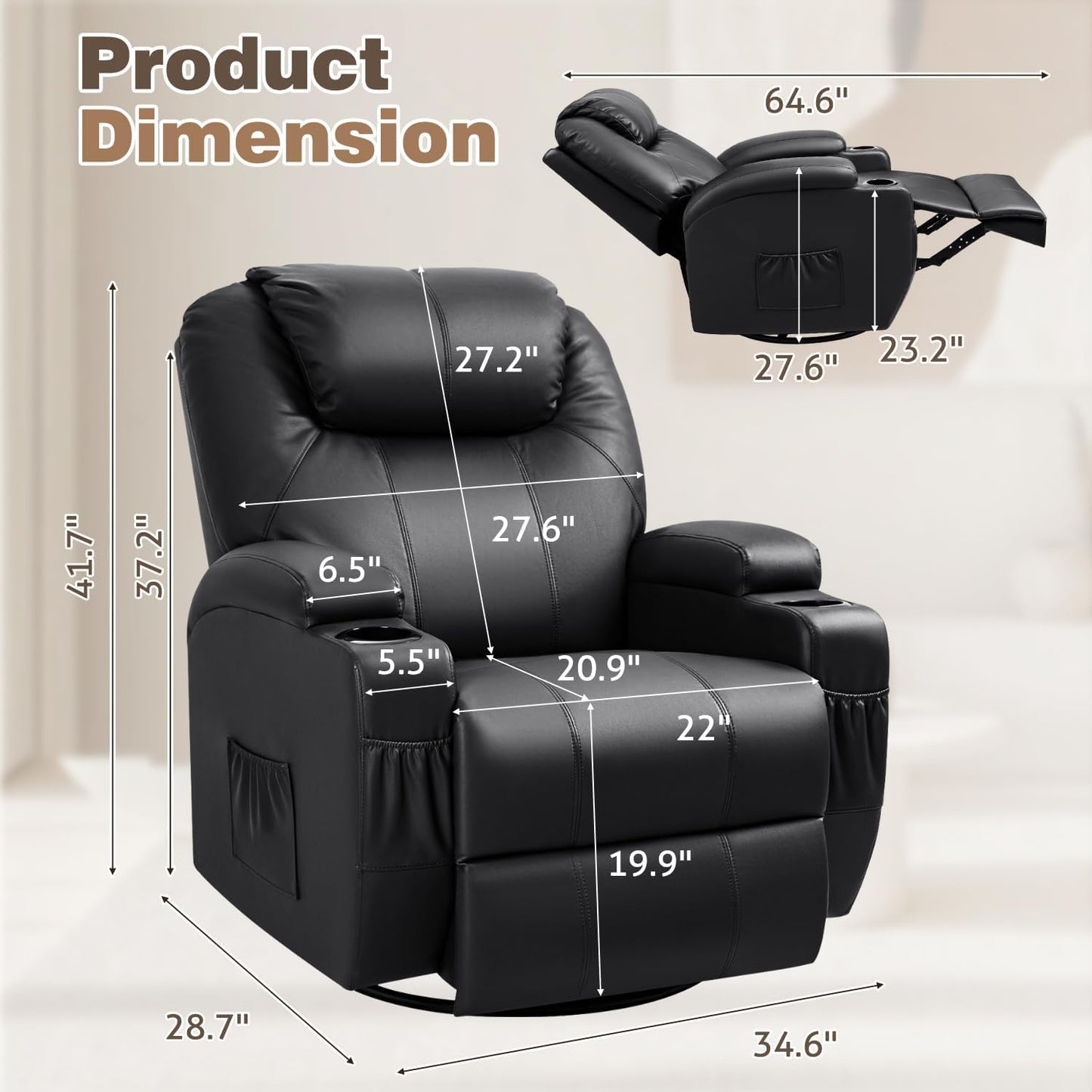 Recliner Chair, 360° Swivel Rocker Chair for Adults, Rocking Recliner Chair with Massage, Comfy Single Sofa with Side Pockets Cup Holders for Living Room, Bedroom, Nursery (Leather, Black)