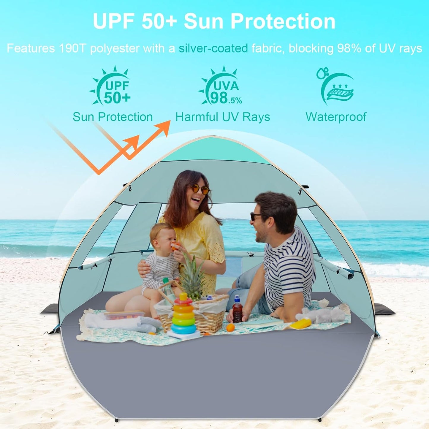Gorich Easy Pop Up Beach Tent for 3-4 Person, UPF 50+ UV Protection Beach Umbrella Sun Shelter, Portable Lightweight Shade with Easy Foldable & Instant Setup