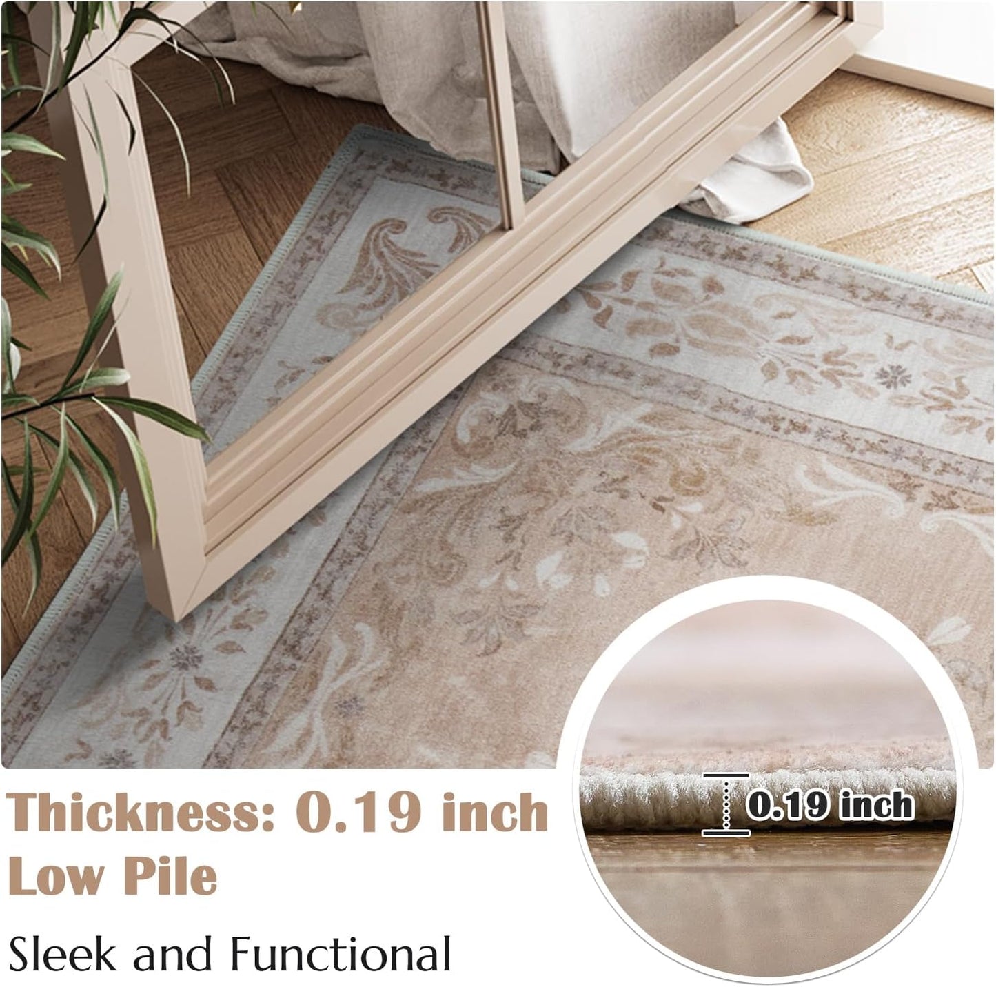 jinchan Vintage Floral Runner Rug 2x5 - Machine Washable Distressed Design Non-Slip Low-Pile Soft Thin Carpet for Hallway Kitchen Farmhouse Bedroom Entryway Laundry Room (2x5ft,Coral Pink)