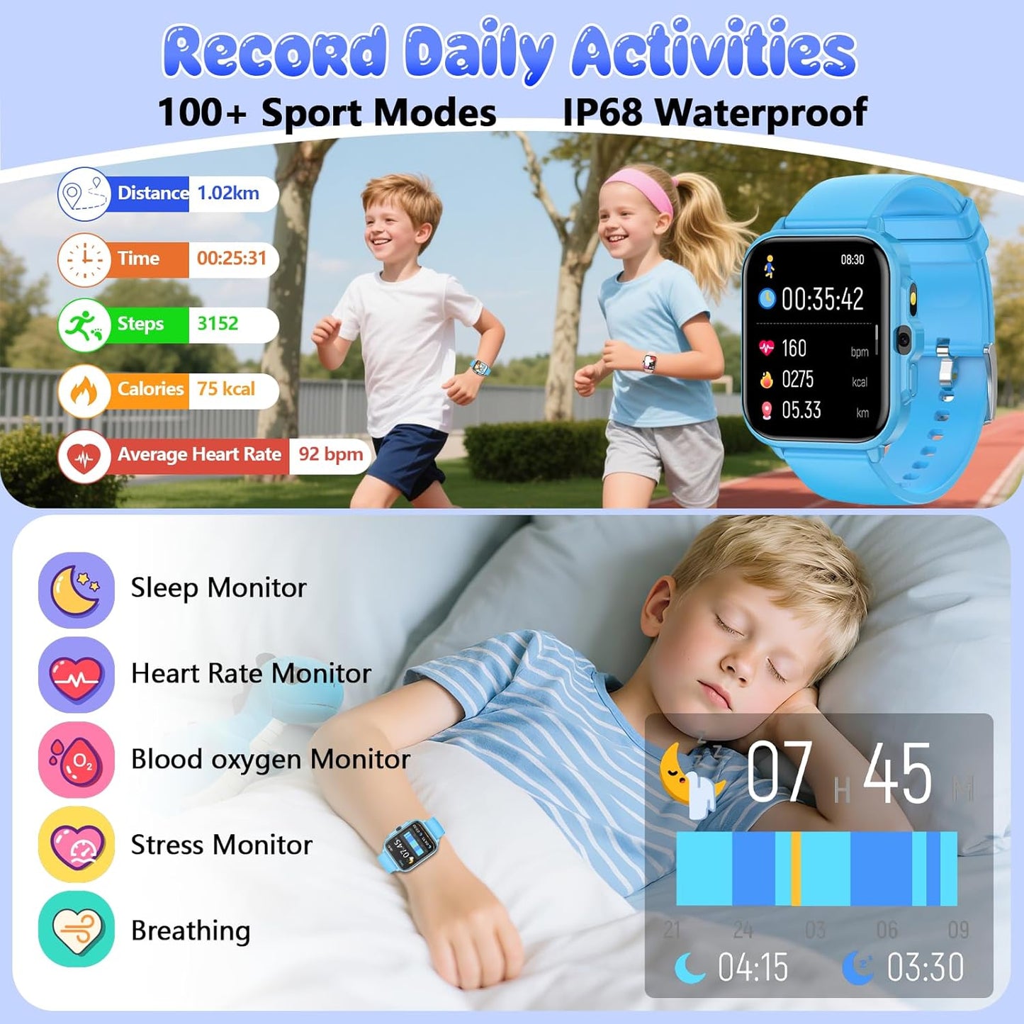 Smart Watch for Kids, 1.85" Fitness Tracker Pedometer Watch, Health, Sleep Monitor, Puzzle Games, Alarm Clock, Camera, Music Player, Torchlight, Activity, Gift Toys for 4 - 13 Years Old Boys and Girls