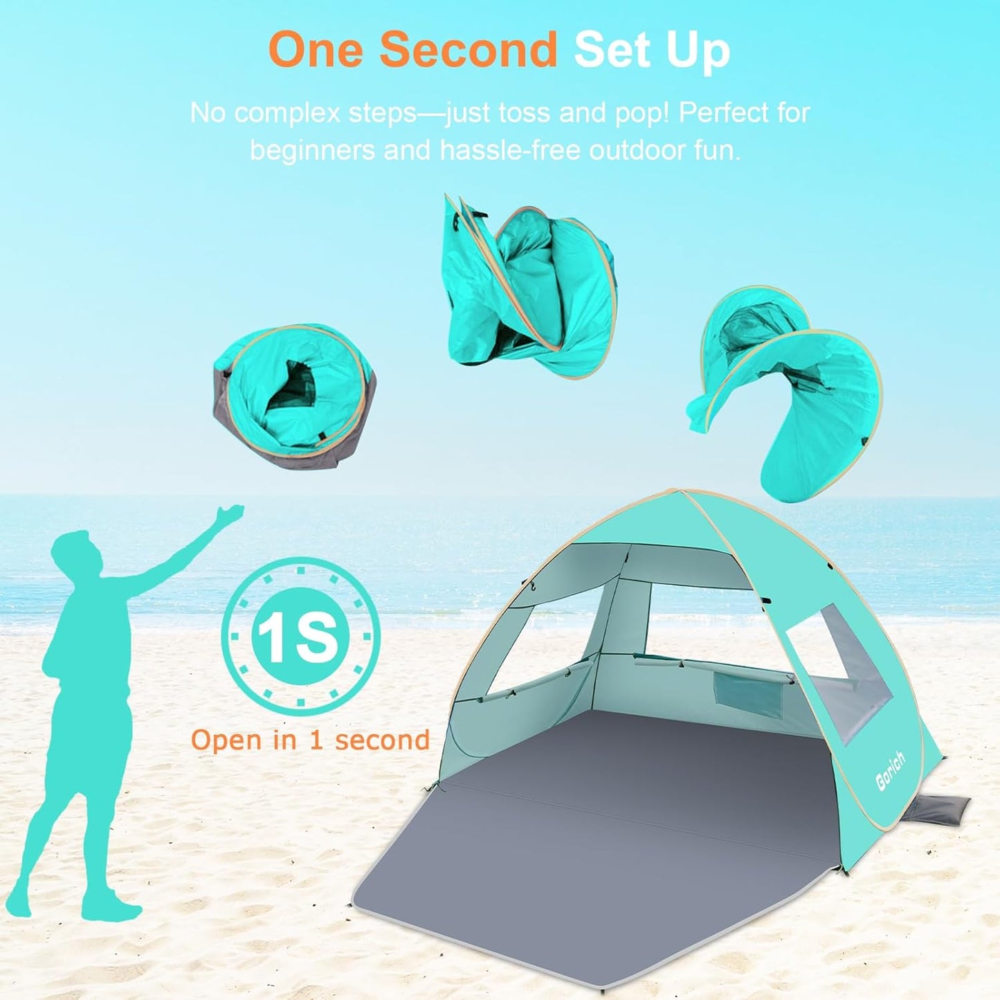 Gorich Easy Pop Up Beach Tent for 3-4 Person, UPF 50+ UV Protection Beach Umbrella Sun Shelter, Portable Lightweight Shade with Easy Foldable & Instant Setup
