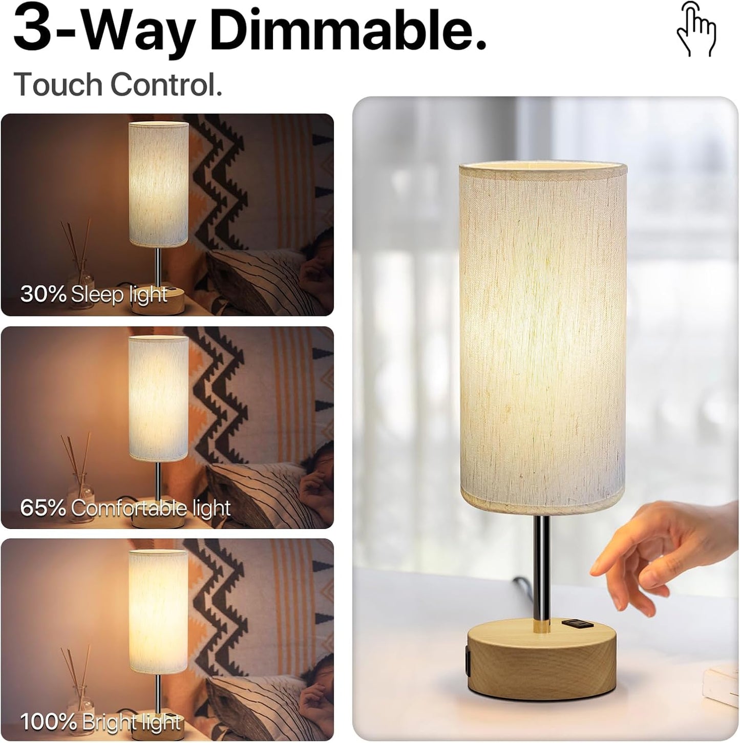 KPQ Small Bedside Lamp Touch Control Table Lamp with USB A+C Charging Ports & AC Outlet 3-Way Dimmable Nightstand Lamp with Linen Fabric Shade for Bedroom Living Room