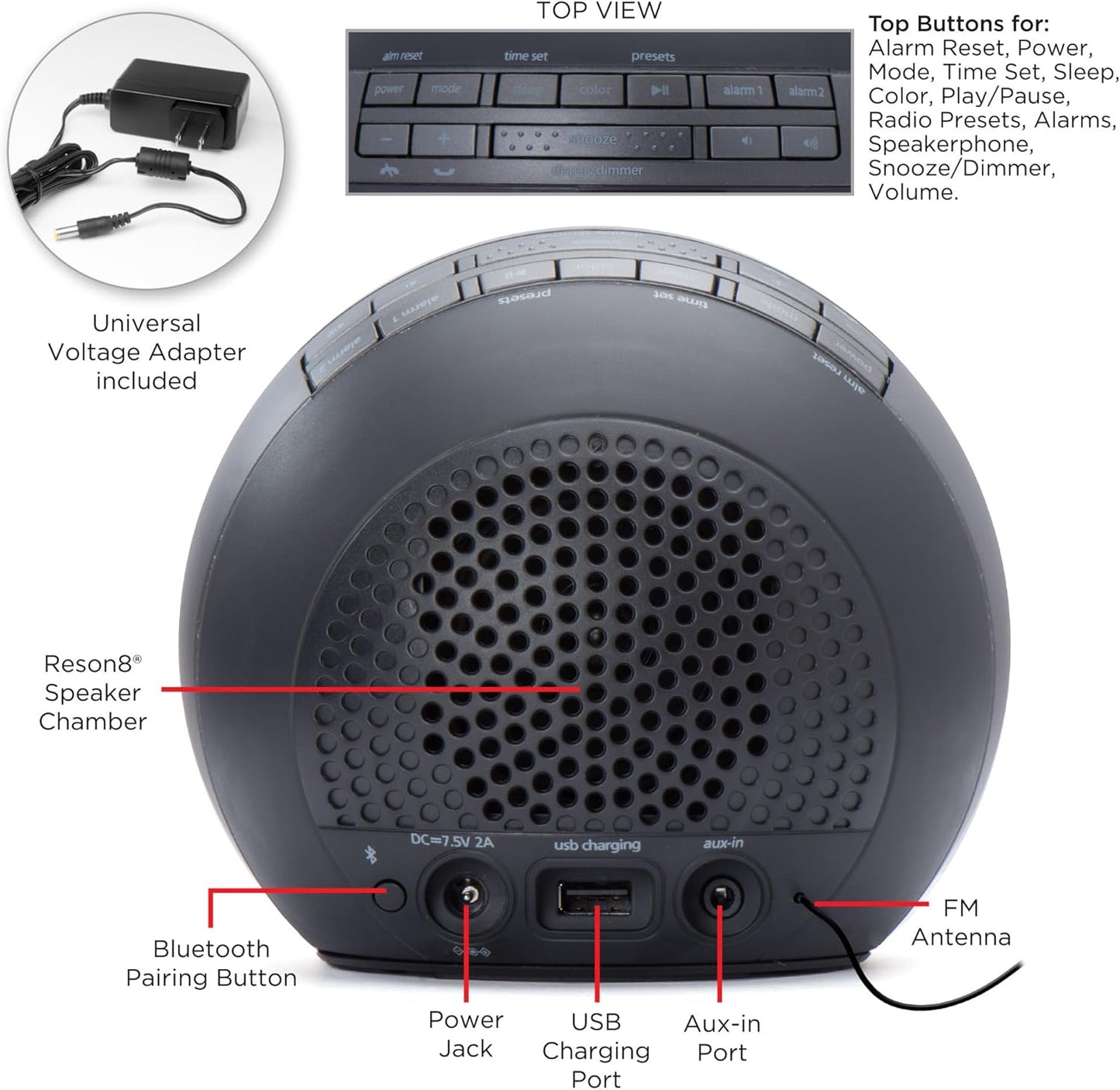 iHome Alarm Clock Radio with Bluetooth Speaker and Color Changing Lamp, USB Charging, and Speakerphone for Home, Office, or Dorm (IBT29BX6)