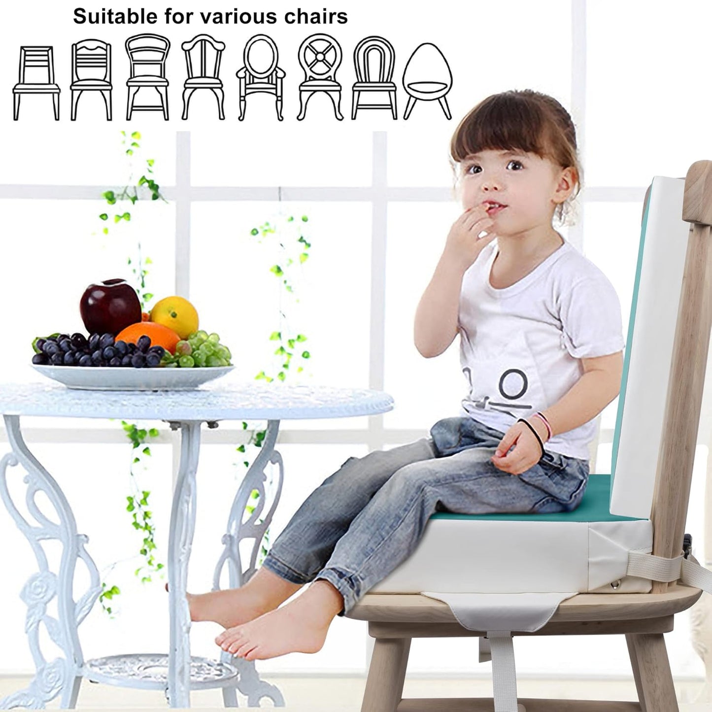 Kalawen Toddler Booster Seat for Dining Table, Upgraded 2Pcs PU Washable Straps Safety Buckle Kids Booster Seat for Table, Portable Travel Increasing Cushion for Chair