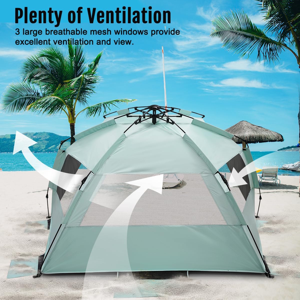 WhiteFang Deluxe Pop Up Beach Tent Sun Shade Shelter for 3-4/5-6 Person, UV Protection, Extendable Floor with 3 Ventilating Windows Plus Carrying Bag, Stakes, and Guy Lines