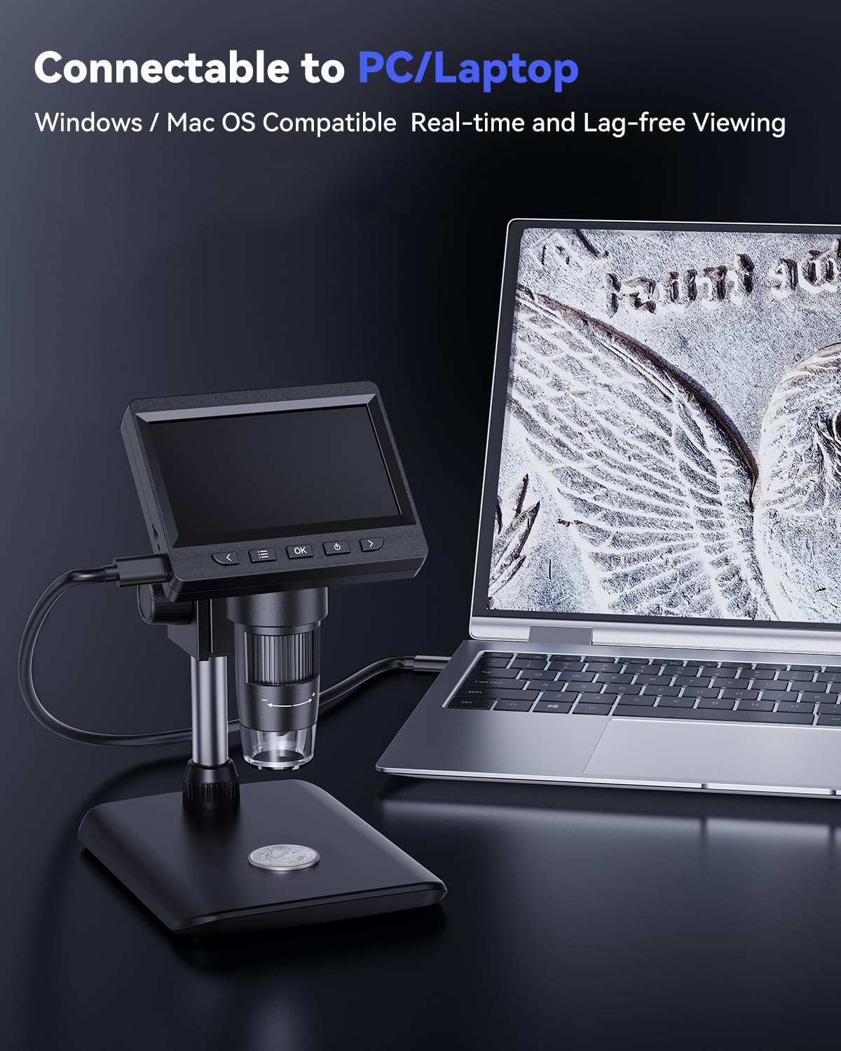 Digital Microscope, Coin Microscope with Light Adjustable Brightness 4.3" HD LCD Screen, 1000X Zoom PC View, Compatible with MacOS & Windows - Black