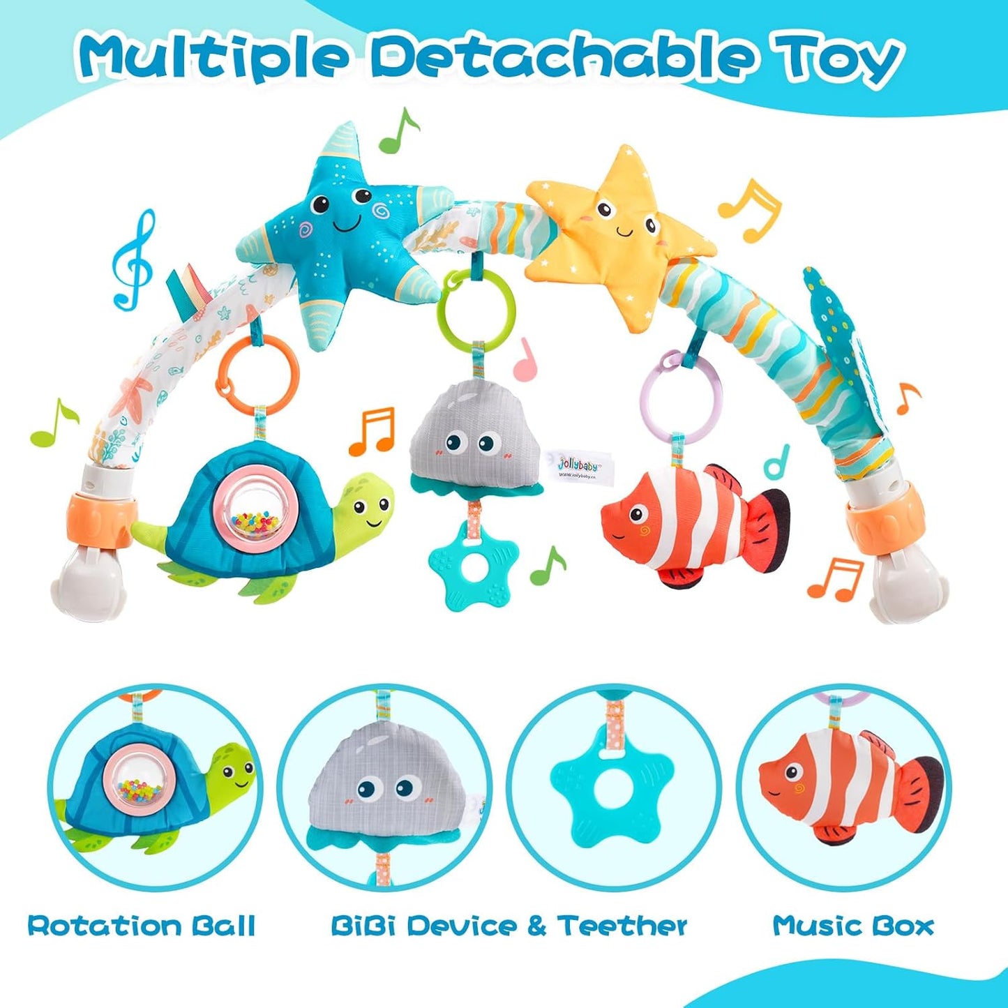 Jollybaby Musical Bassinet Stroller Crib Mobile Toy for Baby 0-6-12 Months, Infant Clip On Arch Hanging Toy with Music, Montessori Sensory Nursery Mobiles Attachment Toy for Newborn Gift - Starfish