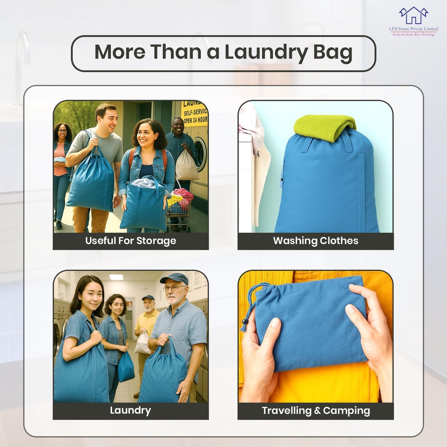 LFH Home Cotton Canvas Large Laundry Bag with Handle, Heavy Duty Drawstring Closure Washable Laundry Bags, School Travel, Home, Hotel, College Dorm, Organizer Sack, Toys Clothes 24x36-Sky Blue