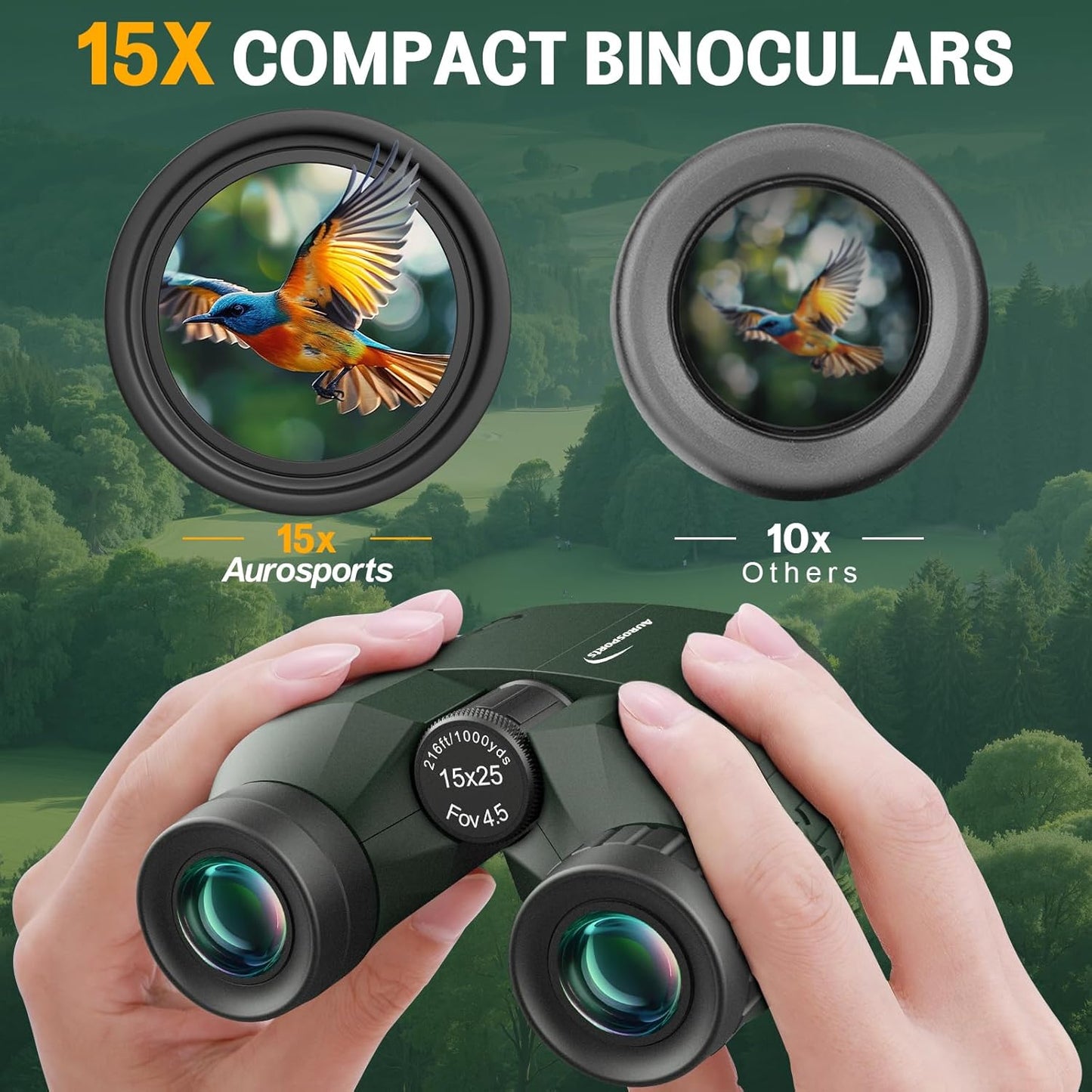 Aurosports 15x25 Compact Binoculars for Adult Kids - High Power Binoculars for Bird Watching - Easy Focus Small Binocular with Low Light Vision for Travel, Camping, Concert, Hiking -Green
