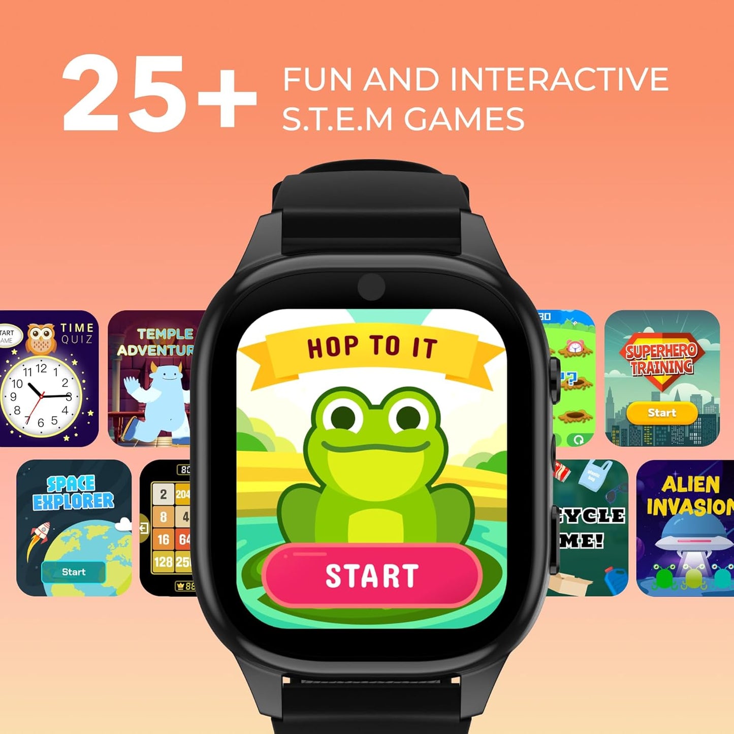 PlayZoom 4 Kids Smartwatch – 1.83” Color Touchscreen, 25+ Games, Selfie Camera, Audiobooks, Songs, Step Tracker, Parental Controls, Waterproof, for Ages 4-12 (Black)