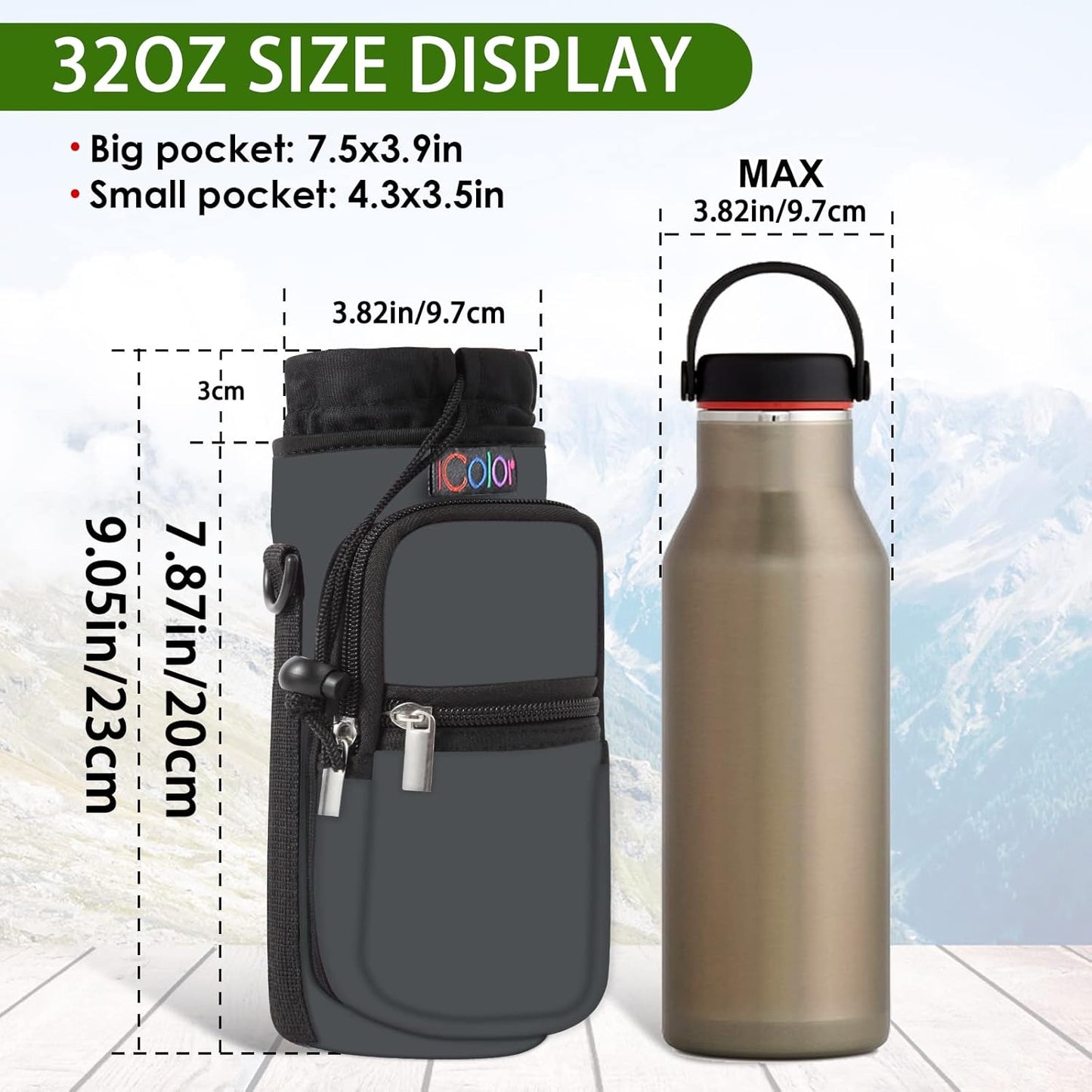 icolor Water Bottle Carrier Bag with Strap 25/32/40 oz Crossbody Bottle Holder with Phone Pocket Sling Sleeve Insulated Neoprene Water Bottle Pouch for Walking Travelling