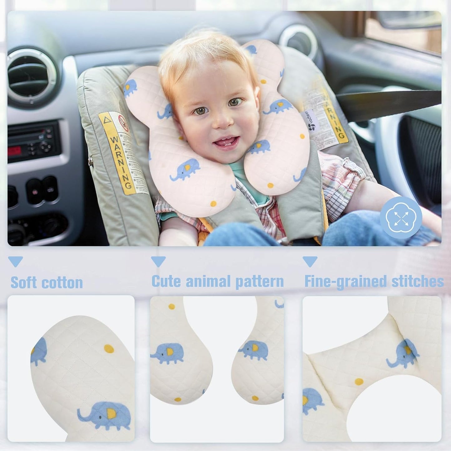 vocheer Baby Neck Pillow(Upgraded),Cotton, Baby Support Pillow, Car Seat Pillows for Newborn, Carseat Head and Body Support, Infant Travel Pillows for Prams, Pushchair, Stroller, Bouncer, Elephant