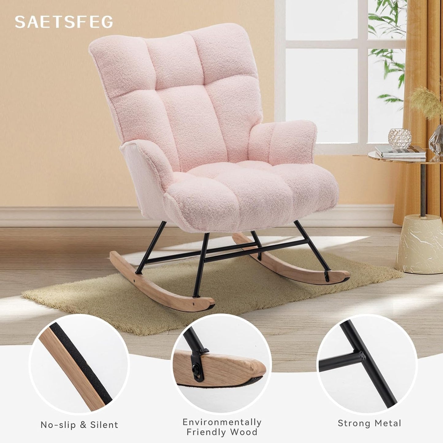 Rocking Chair Nursery Teddy Upholstered Glider Rocker Rocking Accent Chair Padded Seat with High Backrest Armchair Comfy Side Chair for Living Room Bedroom Offices (Pink Teddy)