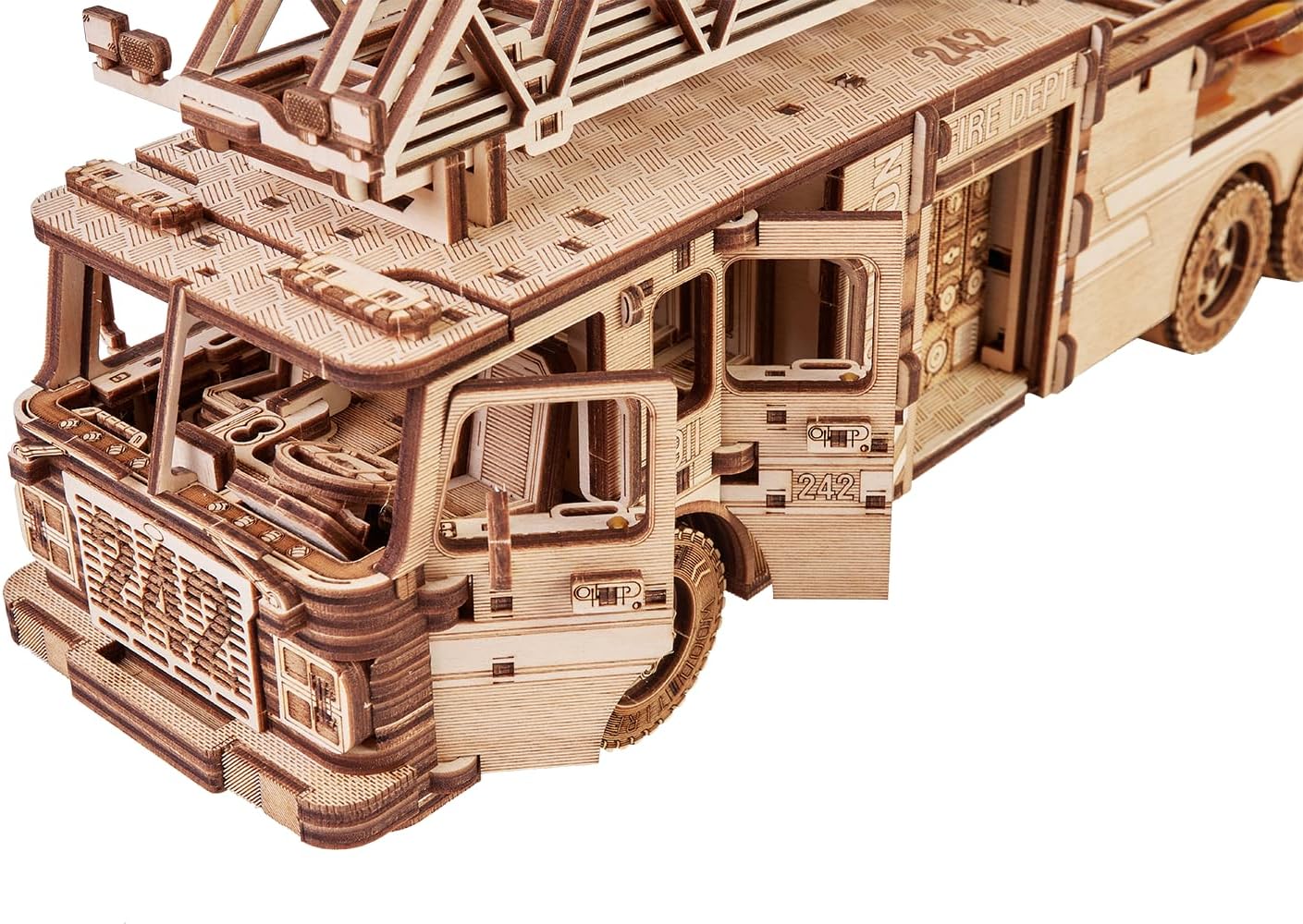 Wood Trick Rescue Firetruck Movable - Rotating Extendable Ladder - 3D Wooden Puzzles for Adults and Kids to Build - Rides up to 20 ft - Wooden Models Engineering DIY Project Mechanical Model Kit