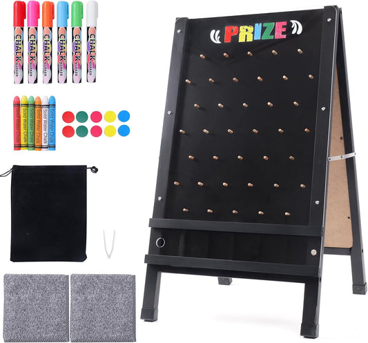 Prize Drop Game Board, 15.7"X27.5" Double-Sided Foldable Design with Wooden A-Frame Chalkboard Sign for Family, Carnival, Trade Show & Party-Includes 10 Coin Drop Discs and Chalk Set, Portable Design