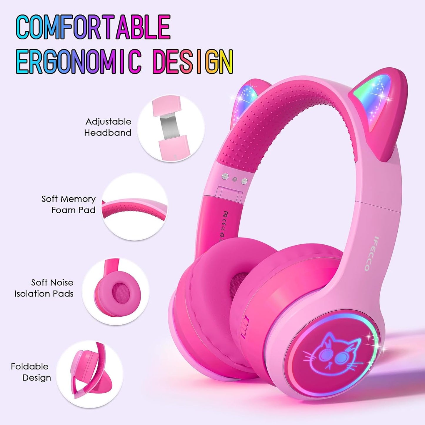 IFECCO Kids Bluetooth Headphones with Microphone,Cute Light Up Cat Ear Children Girls Wireless Headphones Volume-limiting for School Travel Gifts