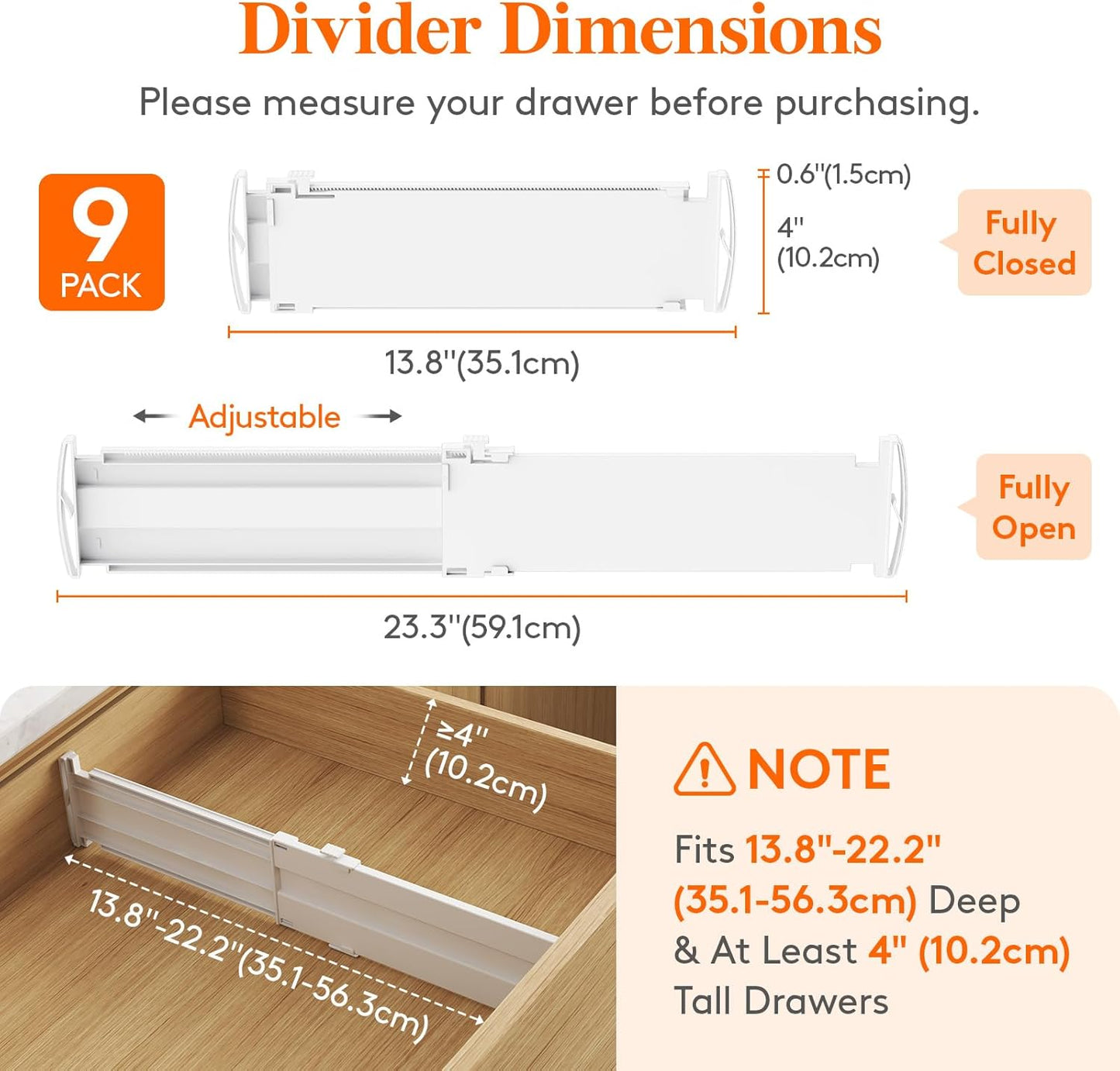 Lifewit 9 Pack Drawer Dividers 4" High, 13.8-22.5" Dresser Drawer Divider, Adjustable Drawer Organizers for Clothes, Plastic Drawers Separators for Dresser, Bedroom, Bathroom, Kitchen, Office