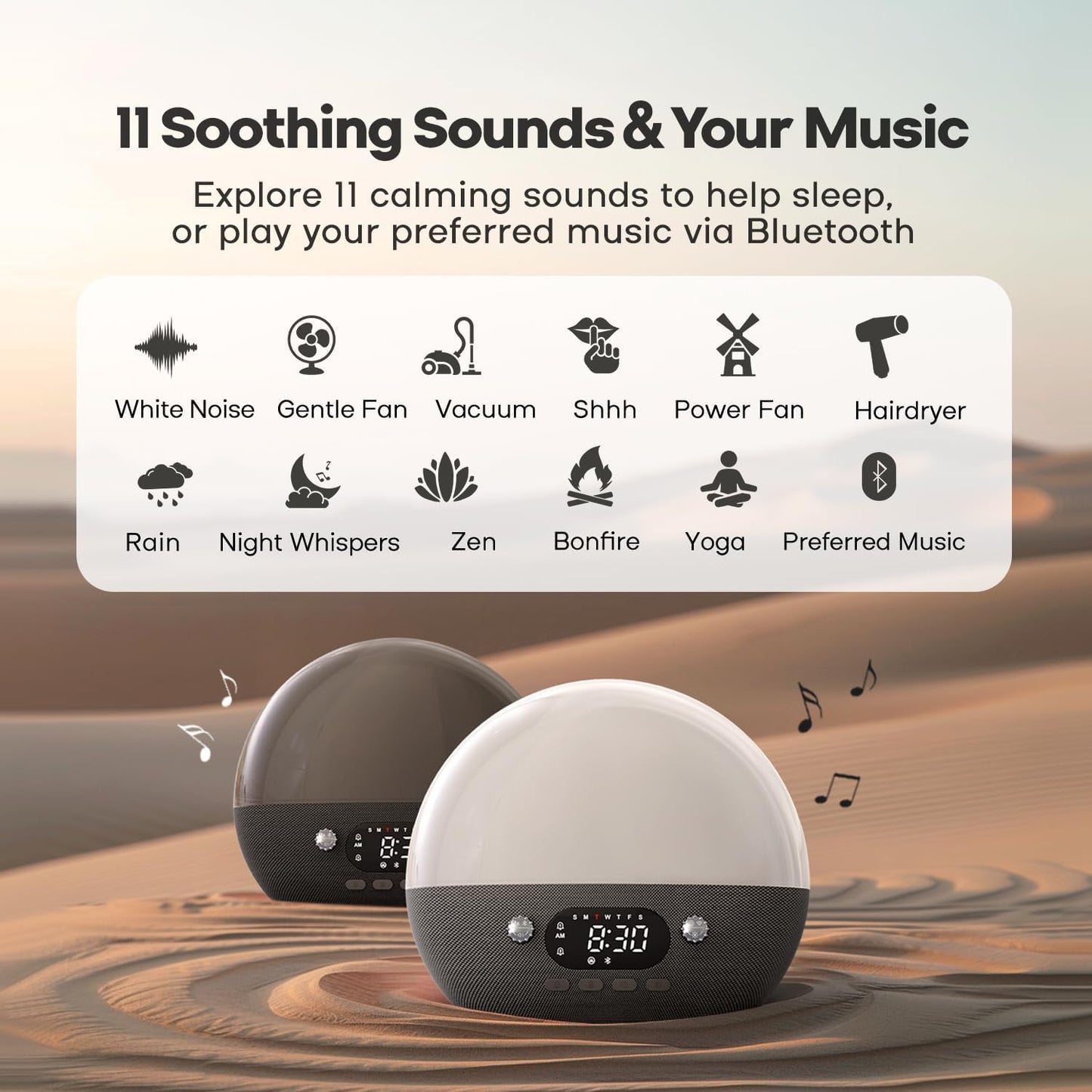 Dekala Smart Sunrise Alarm Clock with Wireless Charging for iPhone 14 13 12 Apple Watch AirPods Samsung, White Noise Sleep Sounds Machine, Nursery Night Light for Heavy Sleeper