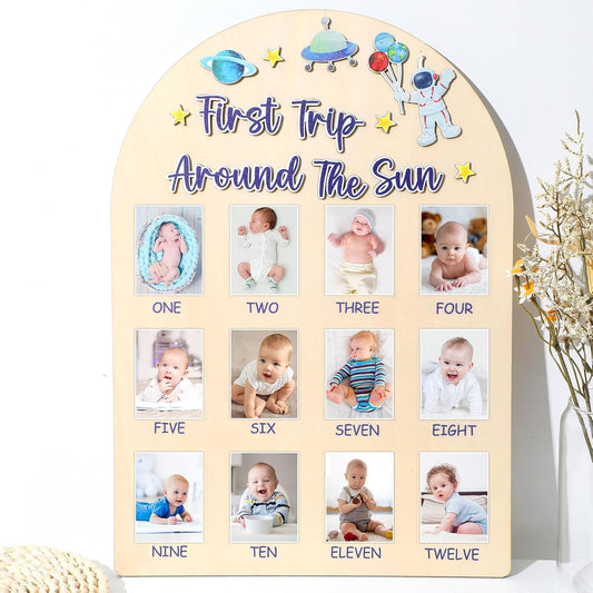Space First Trip Around The Sun Photo Board One Year Birthday Party Decoration First Year Milestone Photo Board 12 Monthly Picture Frame 1st Birthday Banner for Baby Boy Keepsake Gift Supply 2x2.8In