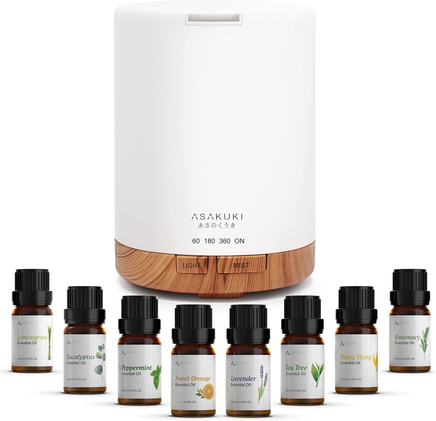 ASAKUKI Essential Oil Diffuser, Aromatherapy Cool Mist Home Humidifier with 7 LED Color Changing Light and Auto-Off Safety Switch, 8 Essential Oils Set, 300ml (Brown with Oils)