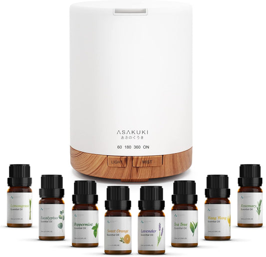 ASAKUKI Essential Oil Diffuser, Aromatherapy Cool Mist Home Humidifier with 7 LED Color Changing Light and Auto-Off Safety Switch, 8 Essential Oils Set, 300ml (Brown with Oils)