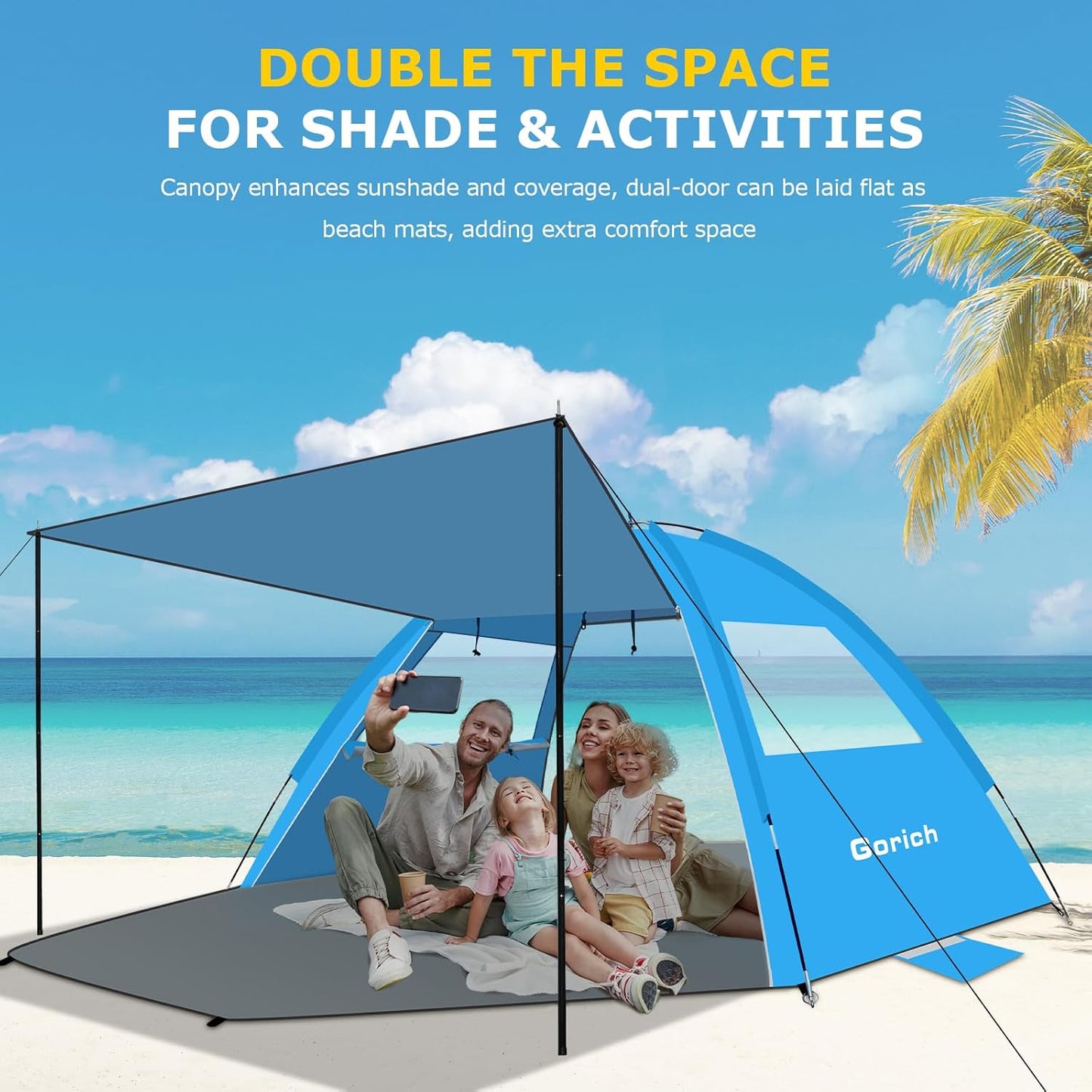 Gorich Beach Tent with Canopy - Easy Setup 3-4/5-6/7-8 Person Portable Sun Shelter, UPF 50+ UV Protection Sun Shade, Lightweight & Compact Beach Cabana for Family Travel