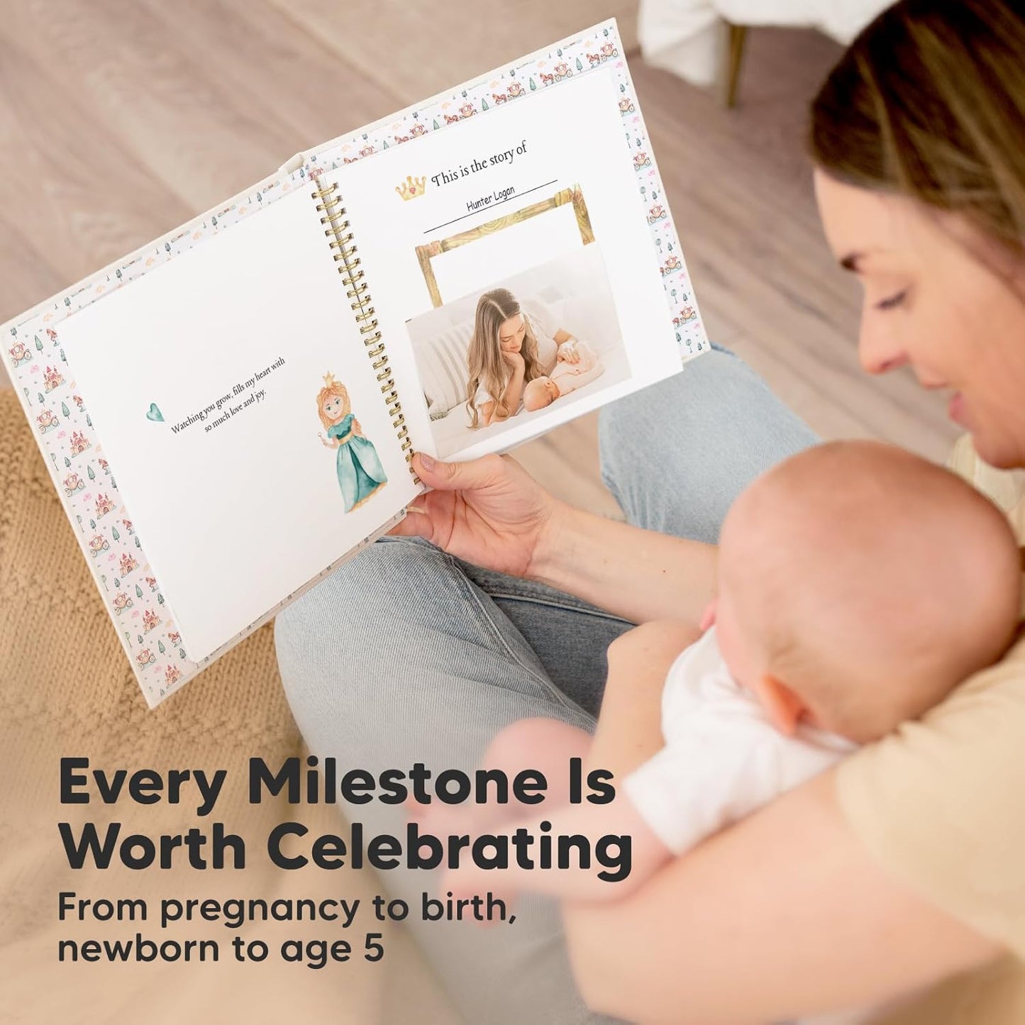 First 5 Years Baby Memory Book Girl, Boy - 90 Pages Hardcover First Year Milestone Keepsake Book, Newborn Scrapbook for New Parents, Minimalist Photo Album Journal,Gift for Baby Shower(Fairytale Land)