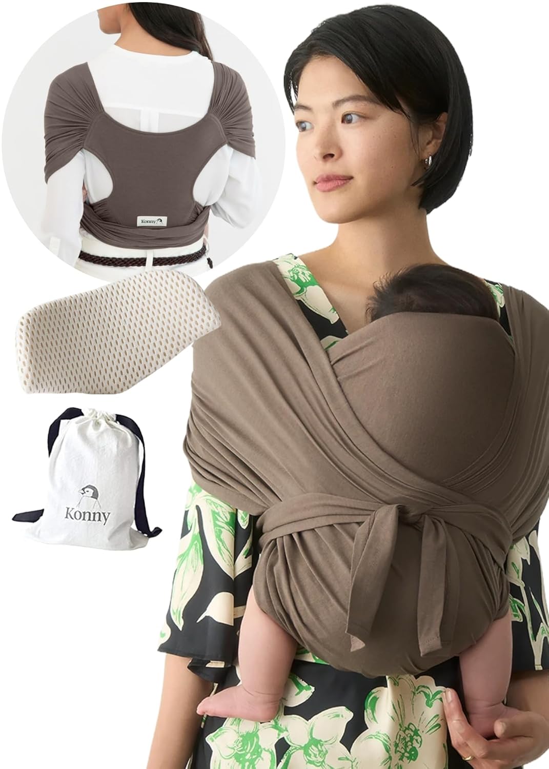 Konny Baby Carrier Flex SoftBreeze with Head Support - Adjustable, Easy to Wear Baby Wrap Sling, Perfect for Newborn Babies Essentials up to 44 lbs (M-4XL) - Mocha