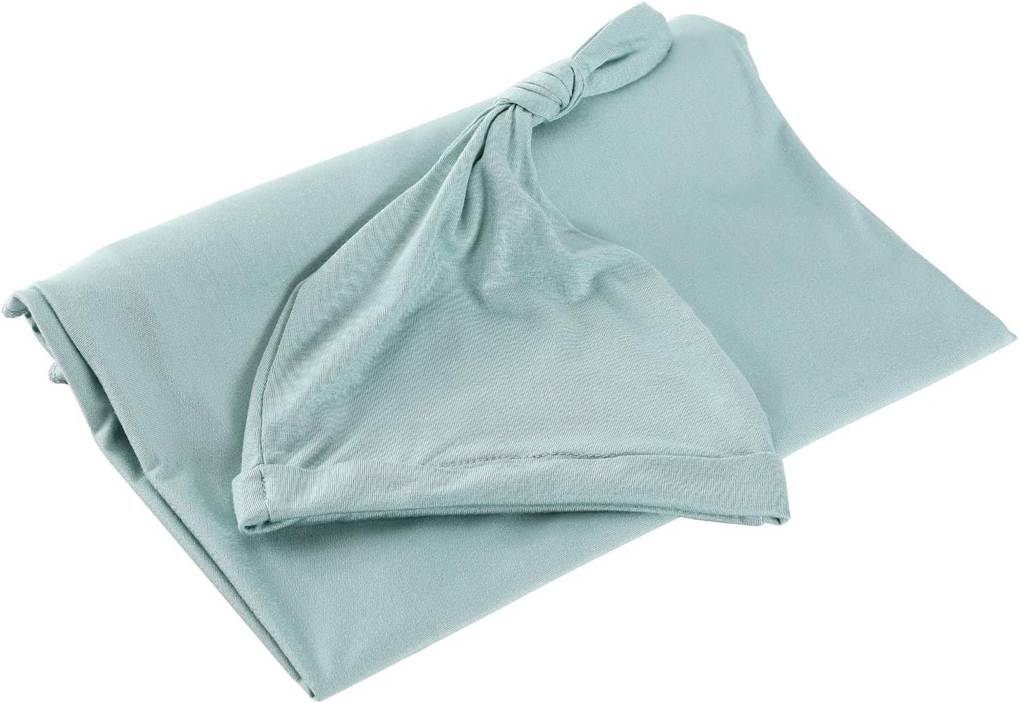 iEvolve Cotton Knitted Baby Swaddle Blanket with Hat Headband Set Newborn Swaddle Wrap Receiving Blankets for Baby Girl Boy 35" x 35"(LightGreen)