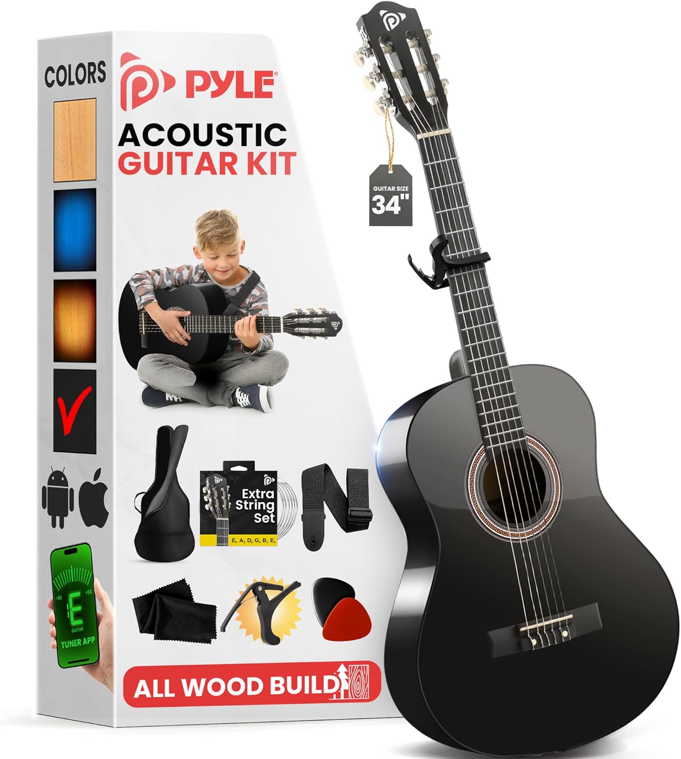 Pyle Beginner Acoustic Guitar Kit, 1/2 Junior Size All Wood Build Nylon String Instrument with Capo, Strap, Extra String Set, Gig Bag, Guitars for Beginners Adults Youth, 34" Black Gloss